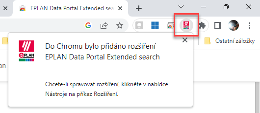 Nainstalovaný doplněk EPLAN Data Portal v Chrome